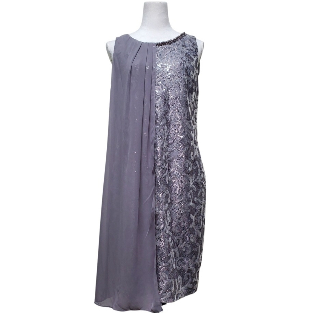 SLNY Gray Silver Lace Sleeveless Shift Tent Trapezoid Trapeze Dress Lace Size 14
